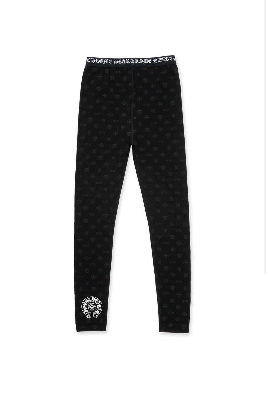 Black Cotton Leggings With Gray Multilogo , Black And White Jacquard Knit Chrome Hearts Elastic Waistband
