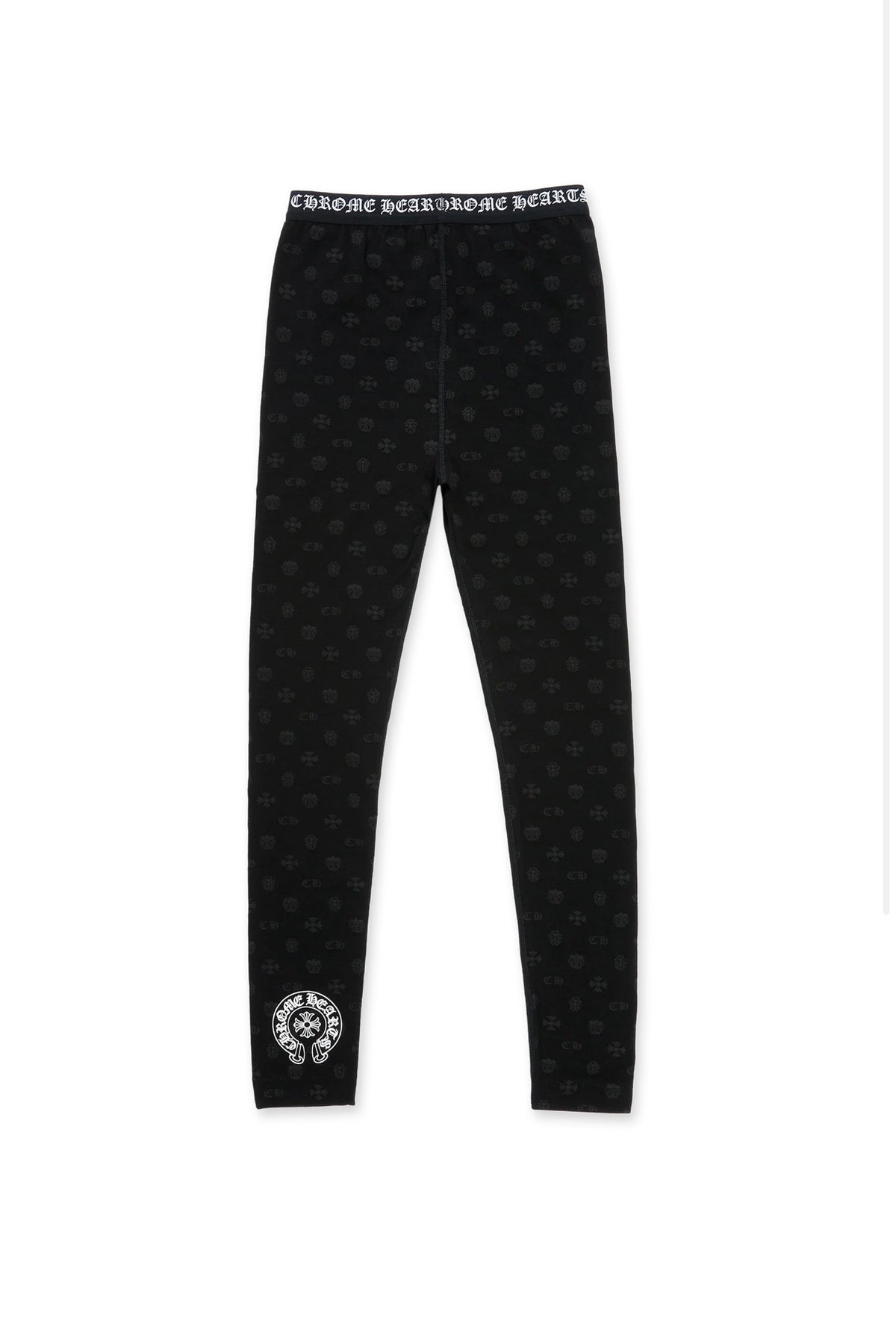 Black Cotton Leggings With Gray Multilogo , Black And White Jacquard Knit Chrome Hearts Elastic Waistband